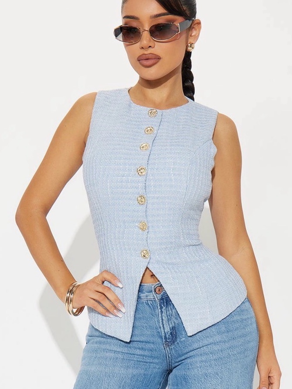 Sleeveless Light Blue Button-Front Knit Top